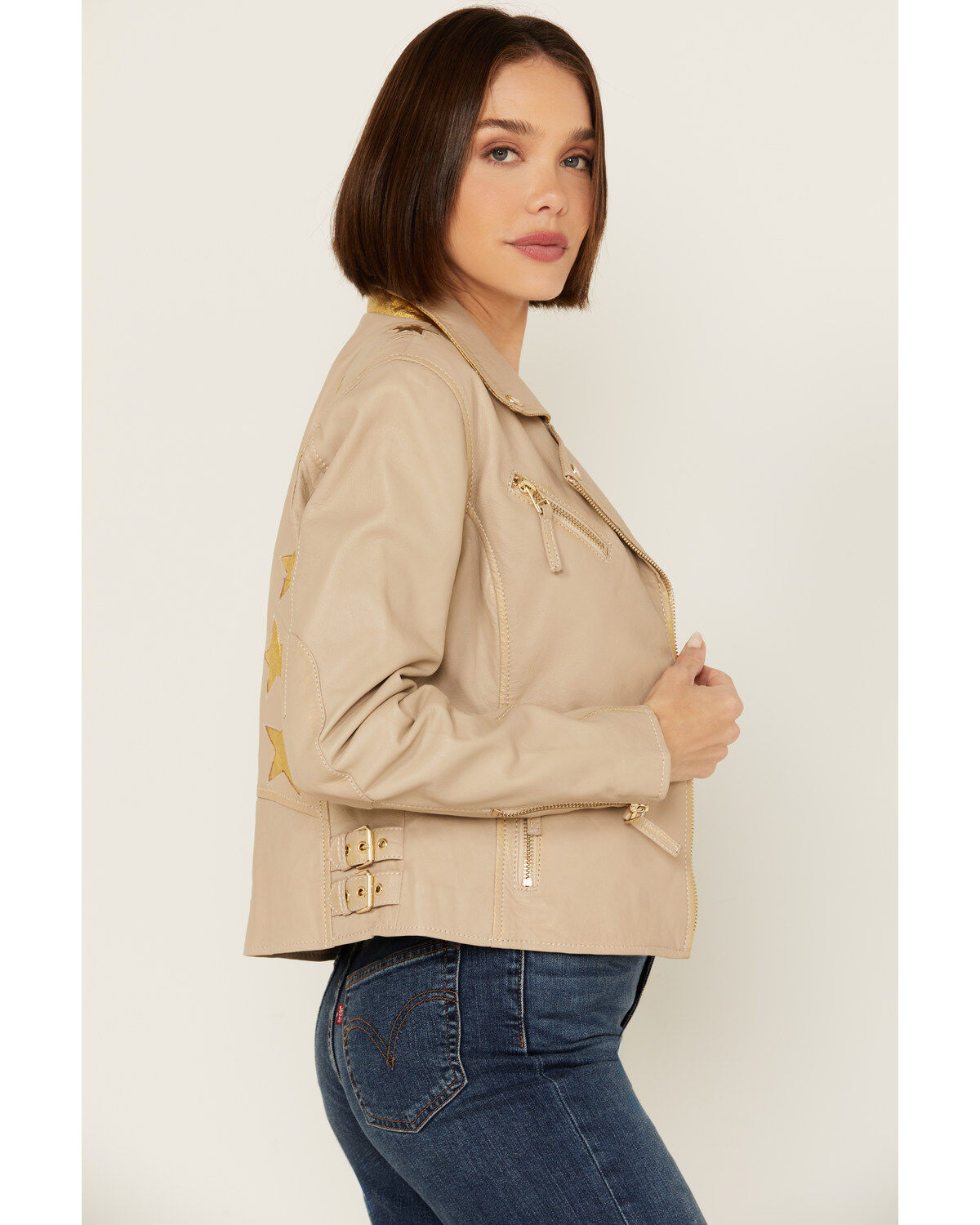 Image #2 - Mauritius Leather Women's Christy Star Zip-Front Moto Leather Jacket, Off White, hi-res