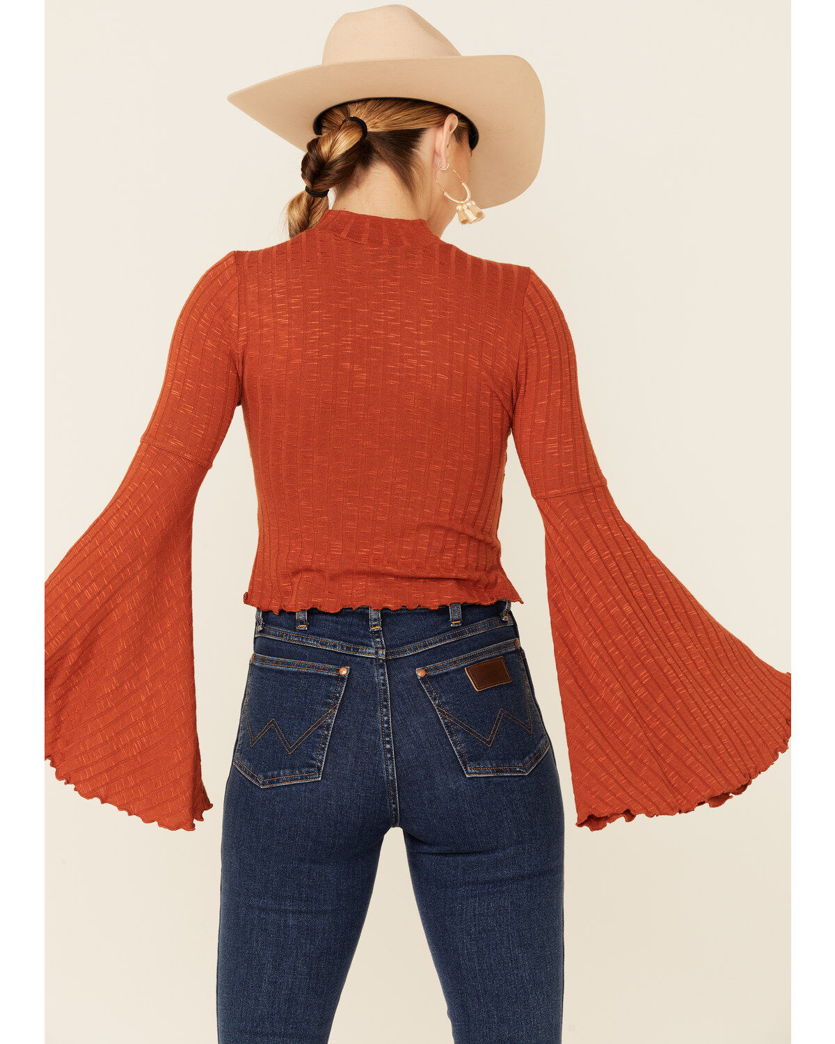 Image #3 - Shyanne Women's Rib Knit Mock Neck Bell Sleeve Top, Camel, hi-res