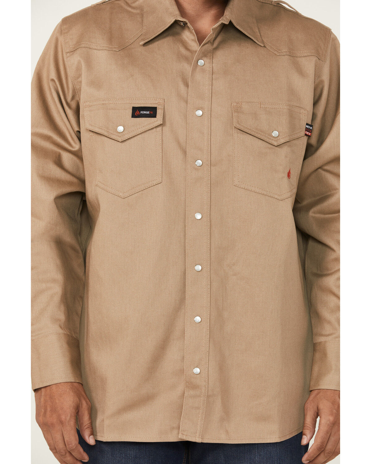 Image #3 - Forge Workwear Men's FR Solid Long Sleeve Snap Work Shirt, Khaki, hi-res