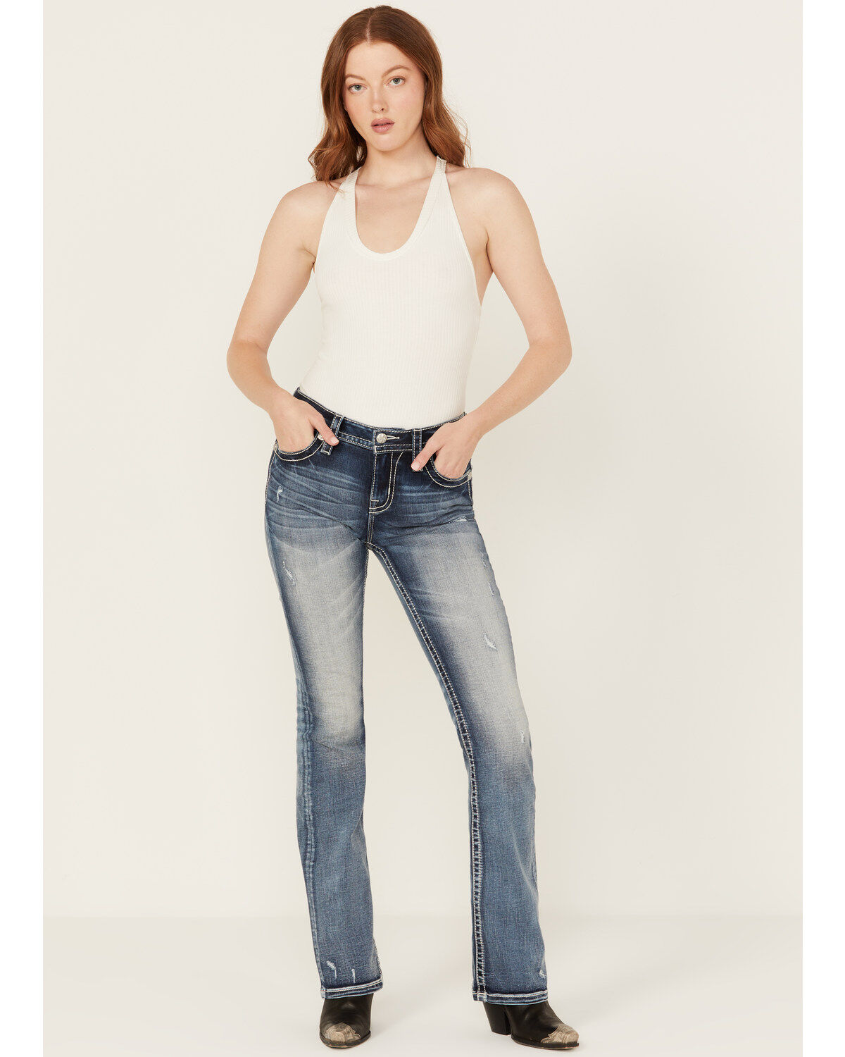 Image #3 - Miss Me Women's Medium Wash Geometric Braid Mid Rise 34" Bootcut Stretch Denim Jeans, Medium Wash, hi-res