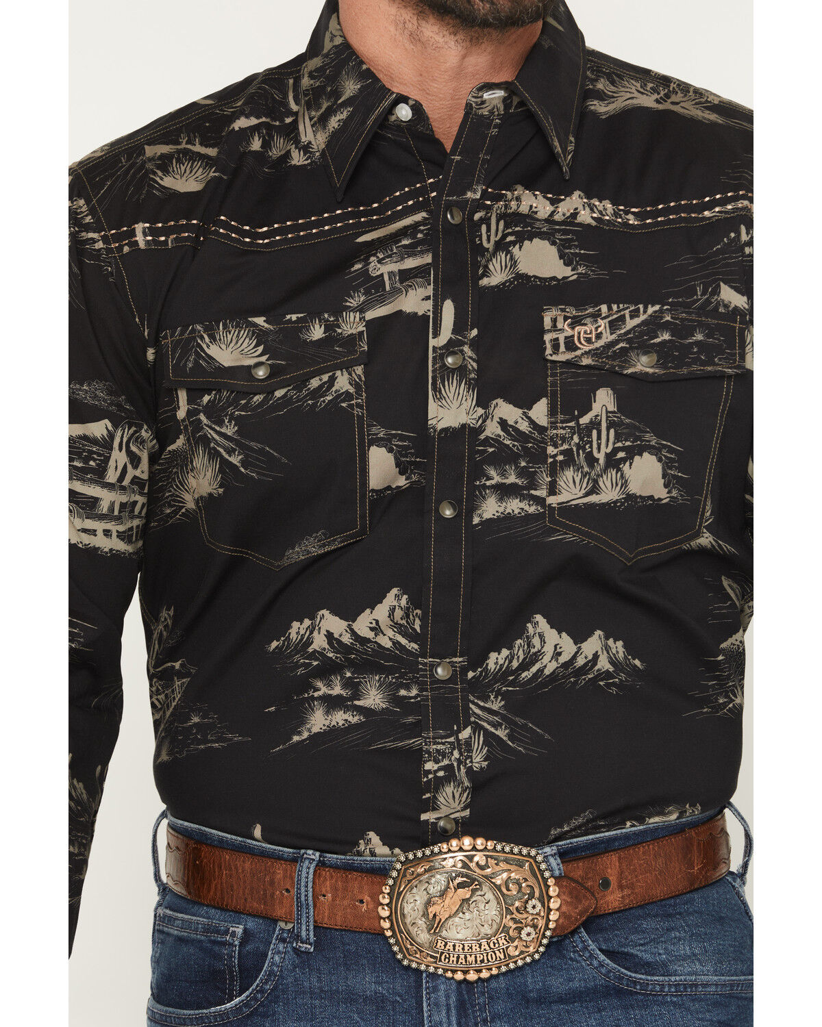 Image #3 - Cowboy Hardware Men's Western Scenery Print Long Sleeve Snap Stretch Western Shirt, Black, hi-res