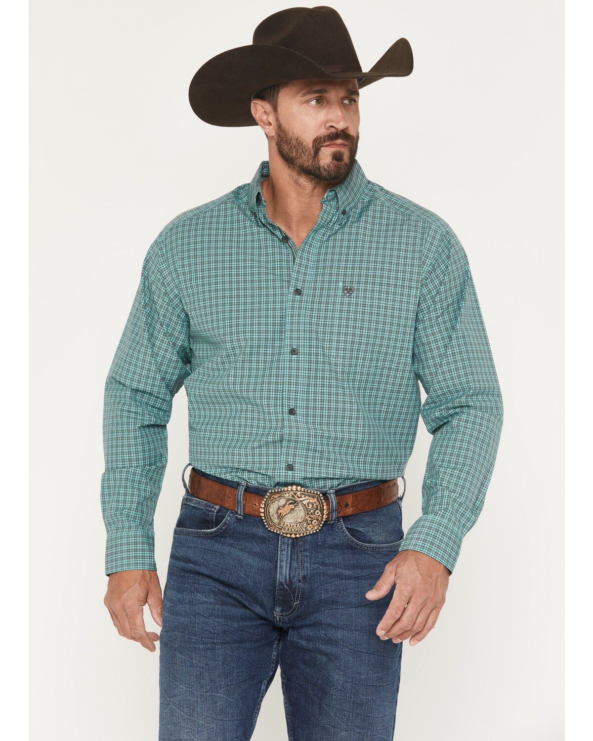 Image #1 - Ariat Men's Pro Series Brooks Plaid Print Long Sleeve Button-Down Stretch Western Shirt, Aqua, hi-res