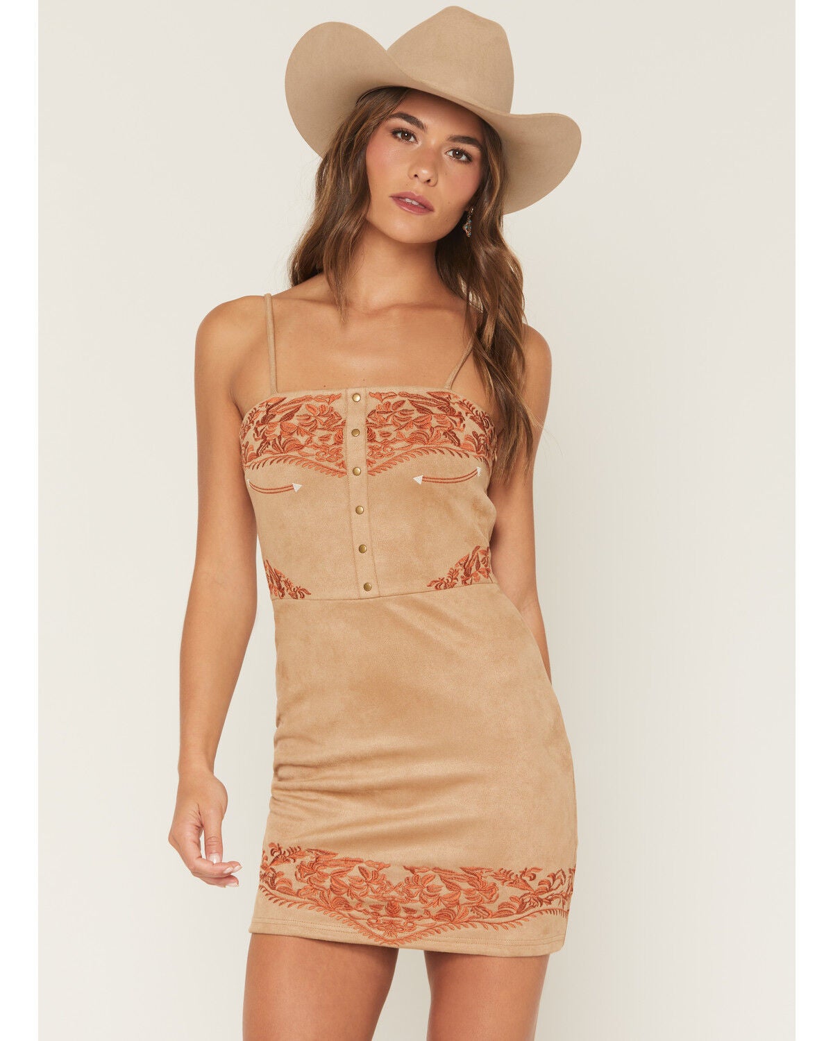 Blue B Women's Boot Barn Exclusive Sleeveless Embroidered Faux Suede Mini Dress, Sand, hi-res