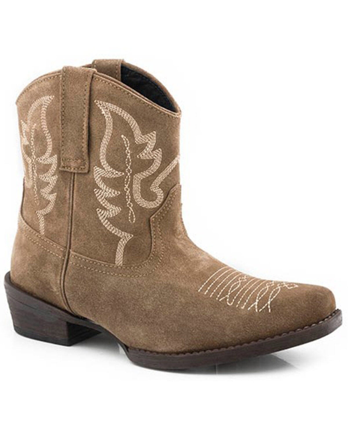 Roper Women's Dusty II Cow Suede Western Booties - Snip Toe, Tan, hi-res