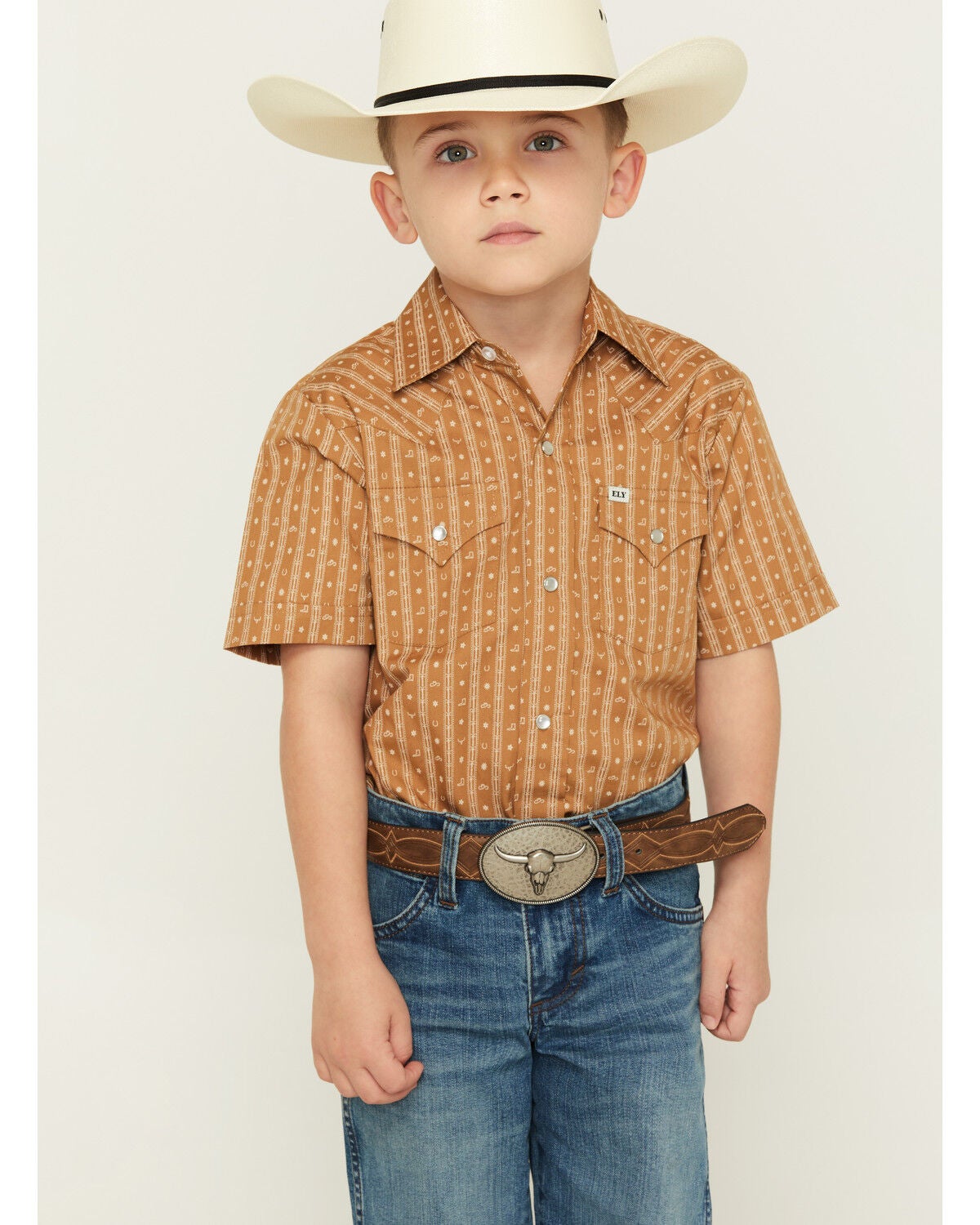 Ely Walker Boys' Western Print Short Sleeve Pearl Snap Western Shirt, Brown, hi-res