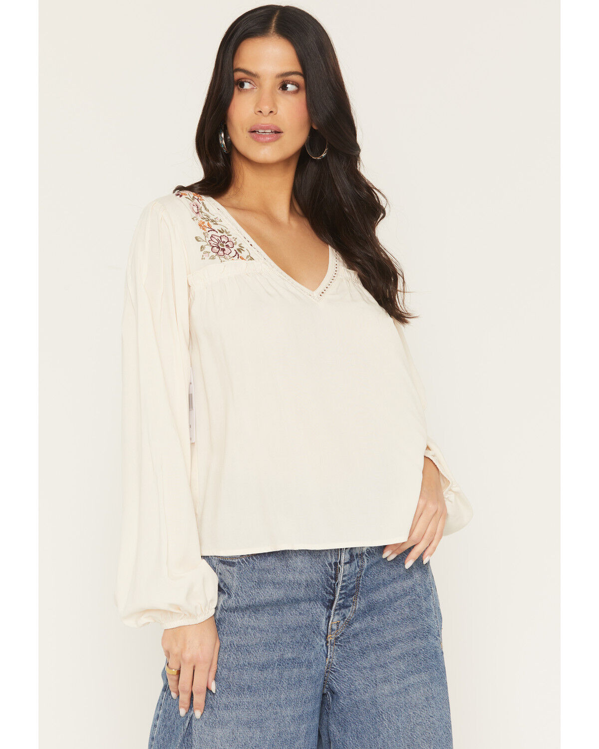 Image #1 - Eyeshadow Women's Long Sleeve Embroidered Peasant Top, Ivory, hi-res