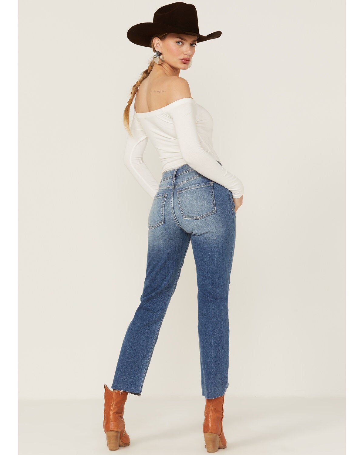 Image #3 - Sneak Peek Women's Medium Dark Wash High Rise Distressed Knee Straight Jean, , hi-res