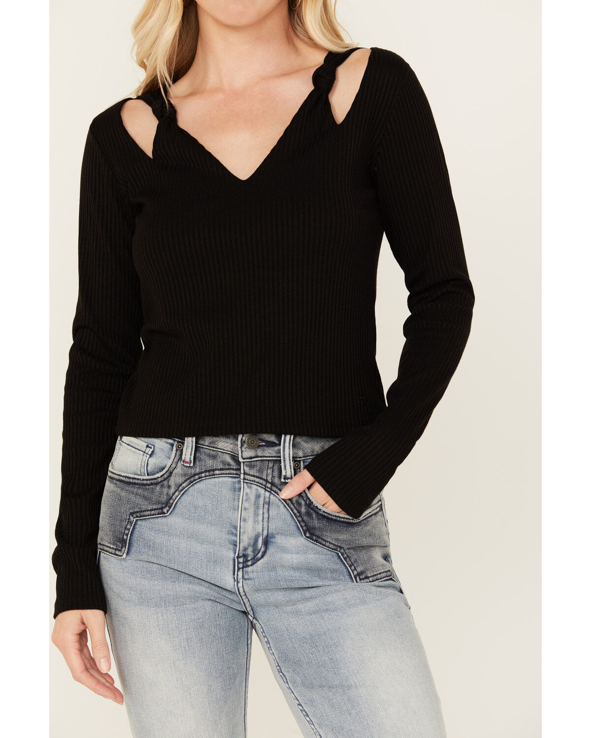 Image #2 - Miss Me Women's Boot Barn Exclusive Solid Long Sleeve Knit Top, Black, hi-res