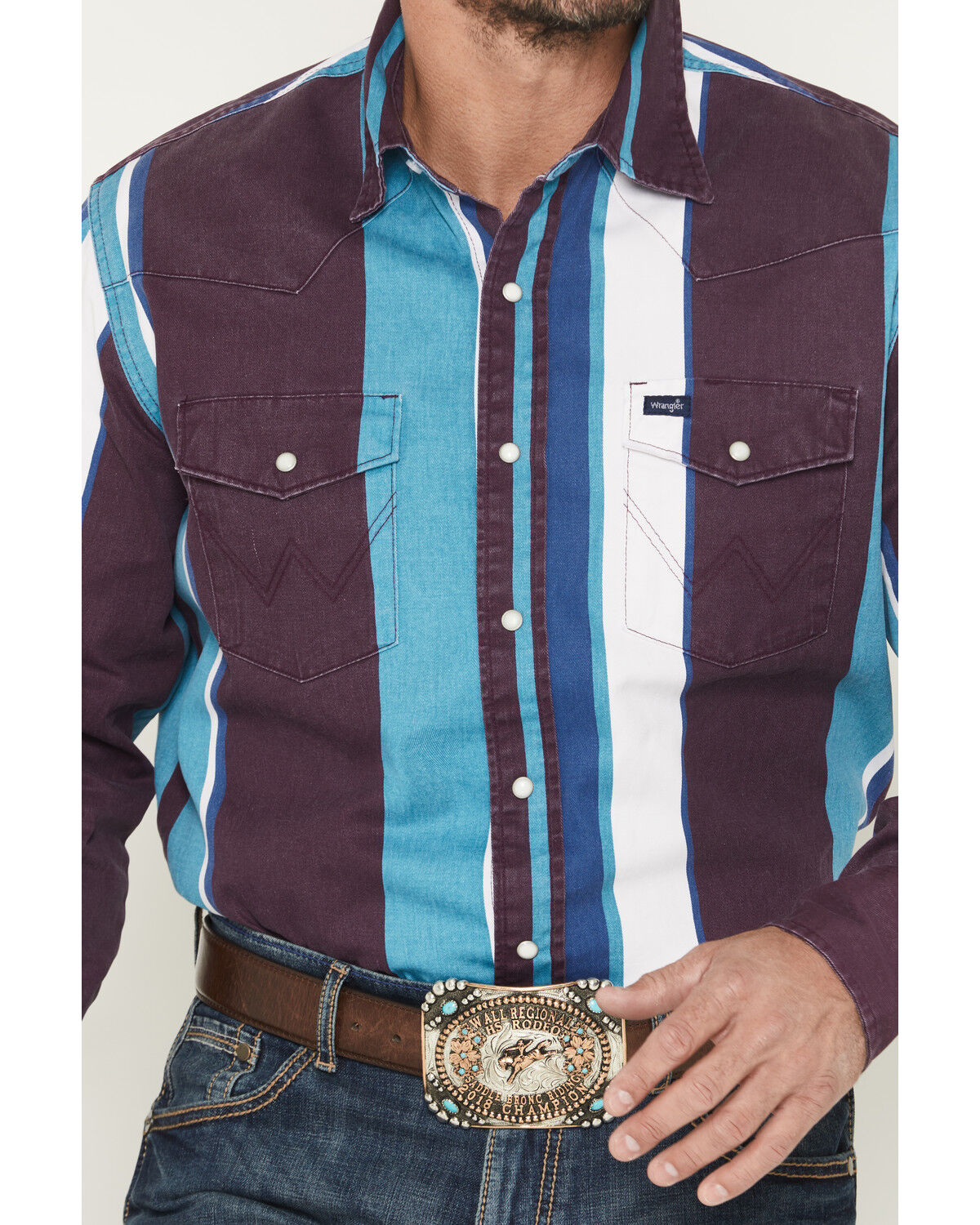 Product Name:  Wrangler Men's Brushpopper Denim Striped Long Sleeve Snap Western Shirt