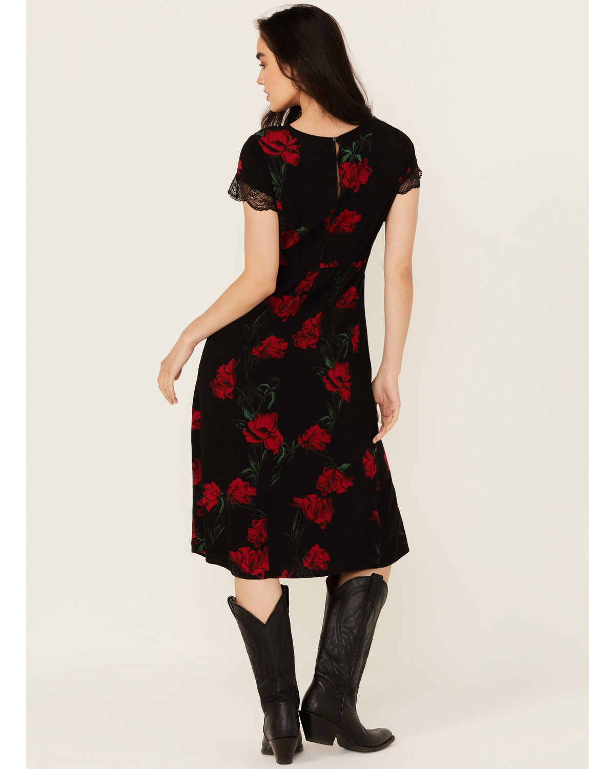 Image #4 - Idyllwind Women's Rosely Floral Print Lace Trim Midi Dress, Black, hi-res