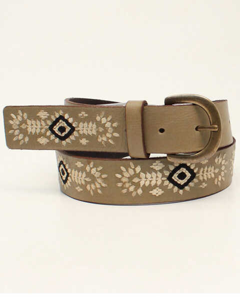 M & F Western Women's Floral Southwestern Embroidered Leather Belt, Beige/khaki, hi-res