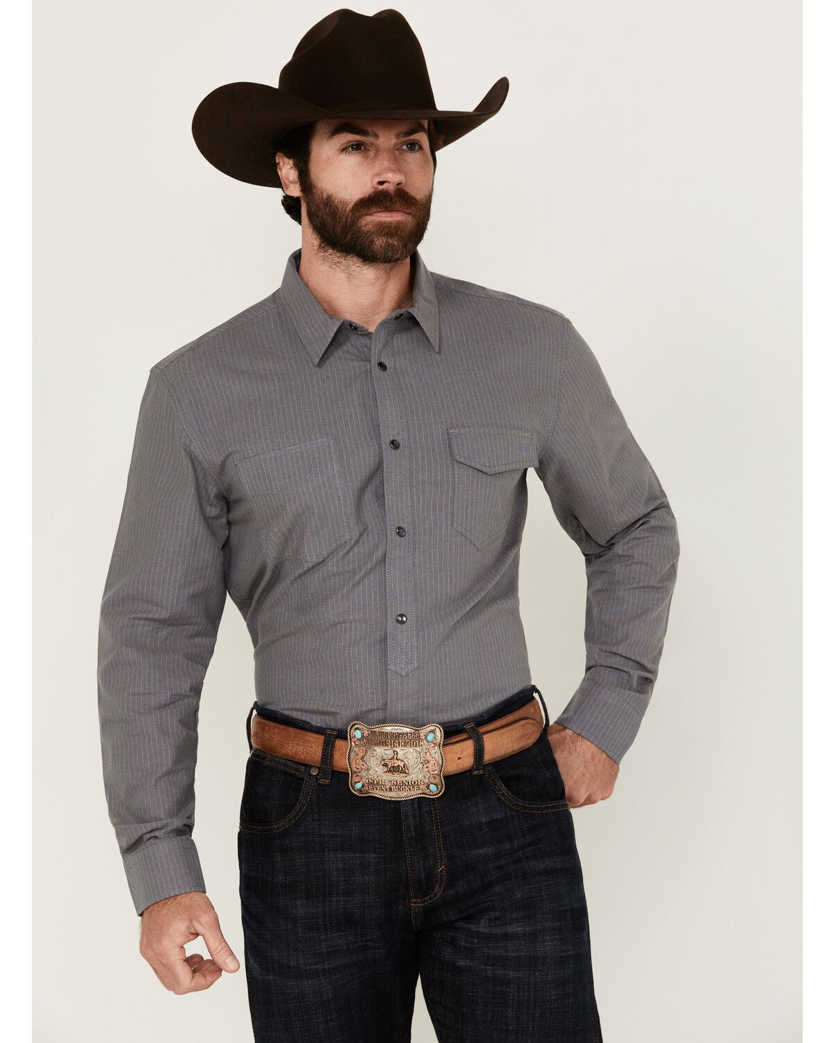Blue Ranchwear Men's Grayson Striped Long Sleeve Pearl Snap Western Shirt, Indigo, hi-res