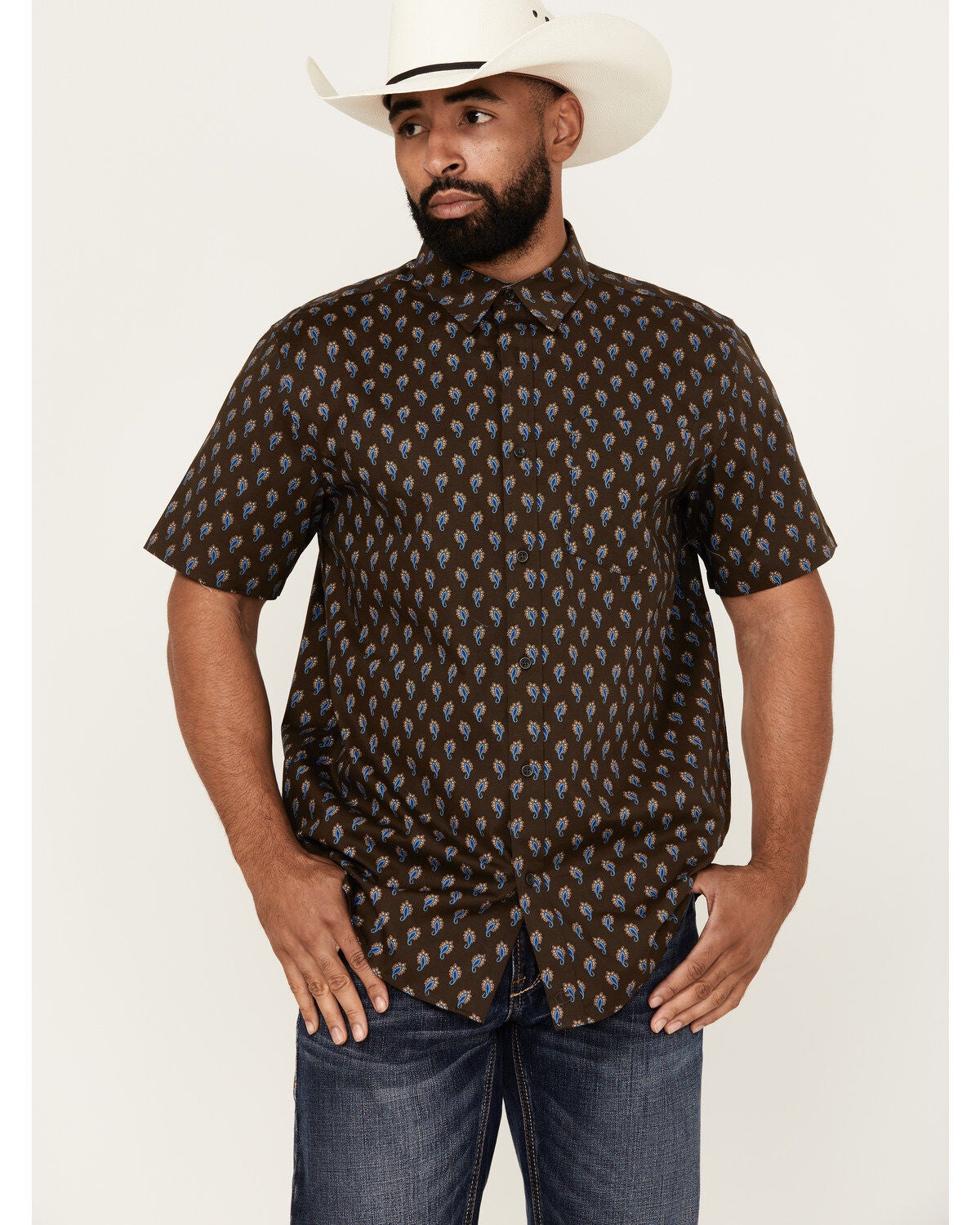 Cody James Men's Lampshade Paisley Print Short Sleeve Button-Down Stretch Western Shirt, Brown, hi-res