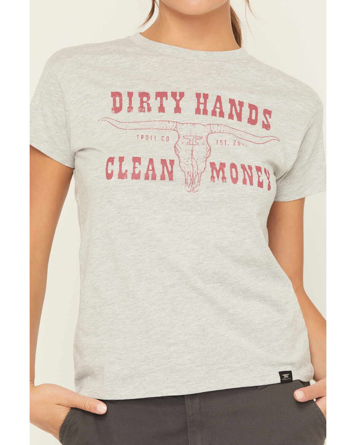 Image #3 - Troll Co Women's Dirty Hands Clean Money Longhorn Short Sleeve Graphic Tee, Heather Grey, hi-res