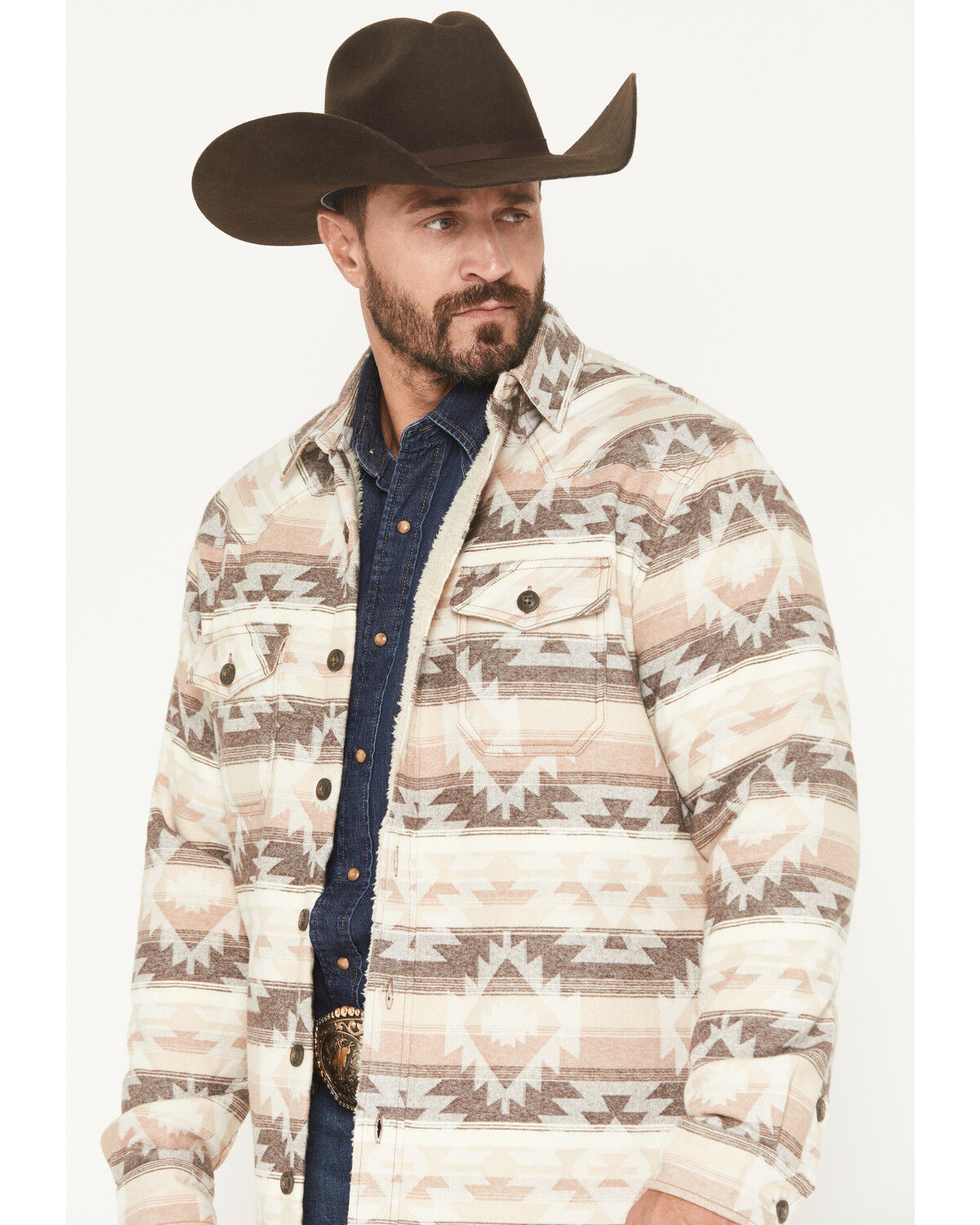 Image #2 - Cody James Men's Emmons Sherpa Lined Southwestern Striped Flannel Shirt Jacket, Tan, hi-res