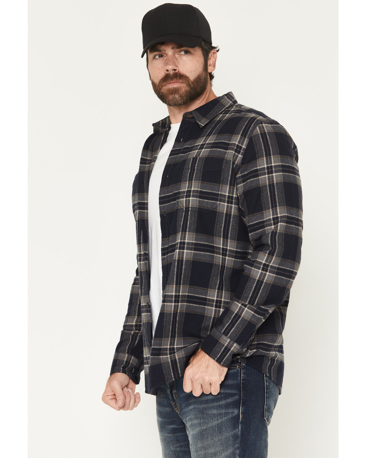 Image #2 - Brothers and Sons Men's Blue Light Plaid Print Long Sleeve Button-Down Flannel Shirt, Navy, hi-res