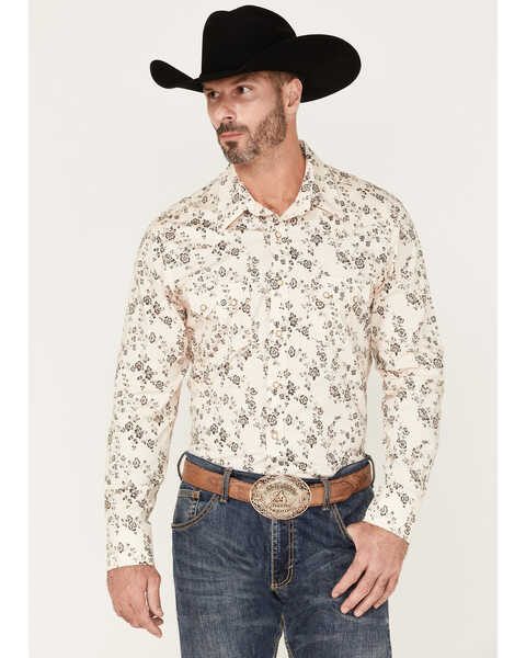 Rock & Roll Denim Men's Floral Stretch Long Sleeve Snap Western Shirt, Natural, hi-res