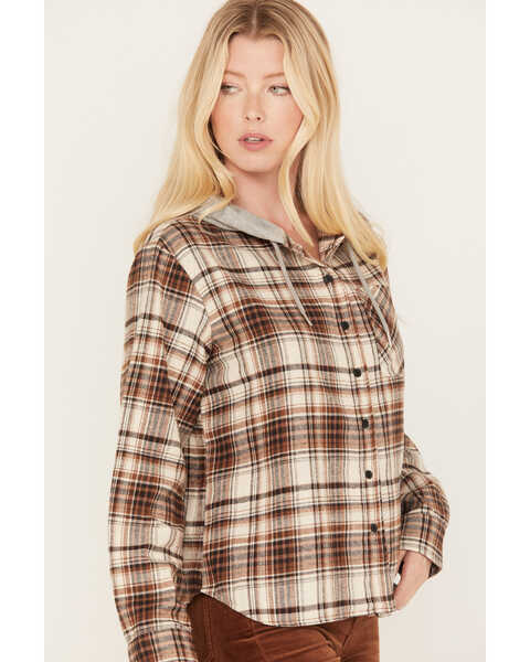 Image #2 - Cleo + Wolf Women's Tau Plaid Print Hooded Flannel Long Sleeve Shirt, Taupe, hi-res