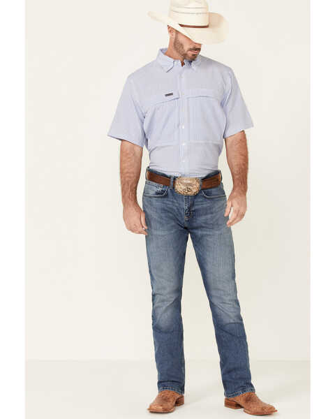 Panhandle Men's Performance Geo Print Short Sleeve Button Down Western Shirt , Blue, hi-res