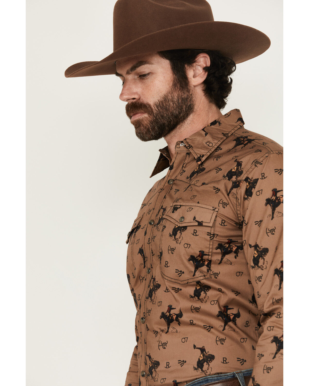 Image #2 - Cowboy Hardware Men's Bronc Conversation Print Long Sleeve Snap Western Shirt, Brown, hi-res
