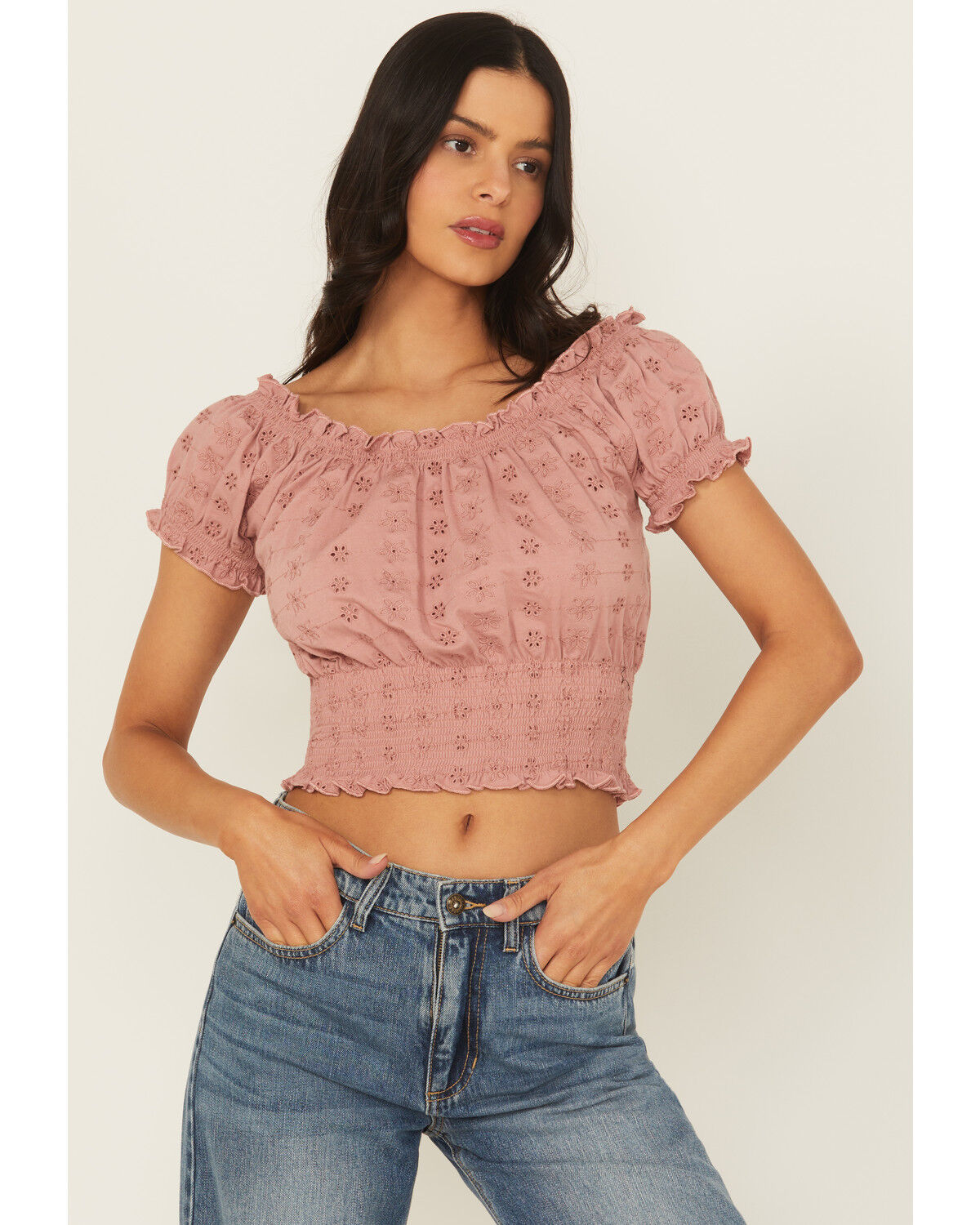 Image #1 - Cleo + Wolf Women's Eyelet Smocked Short Sleeve Crop Top, Rose, hi-res