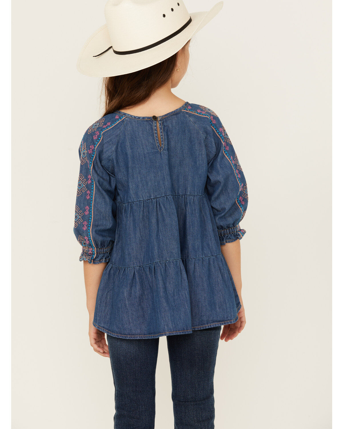 Image #4 - Wrangler Girls' Dark Wash Denim Embroidered Tunic Shirt, Dark Wash, hi-res