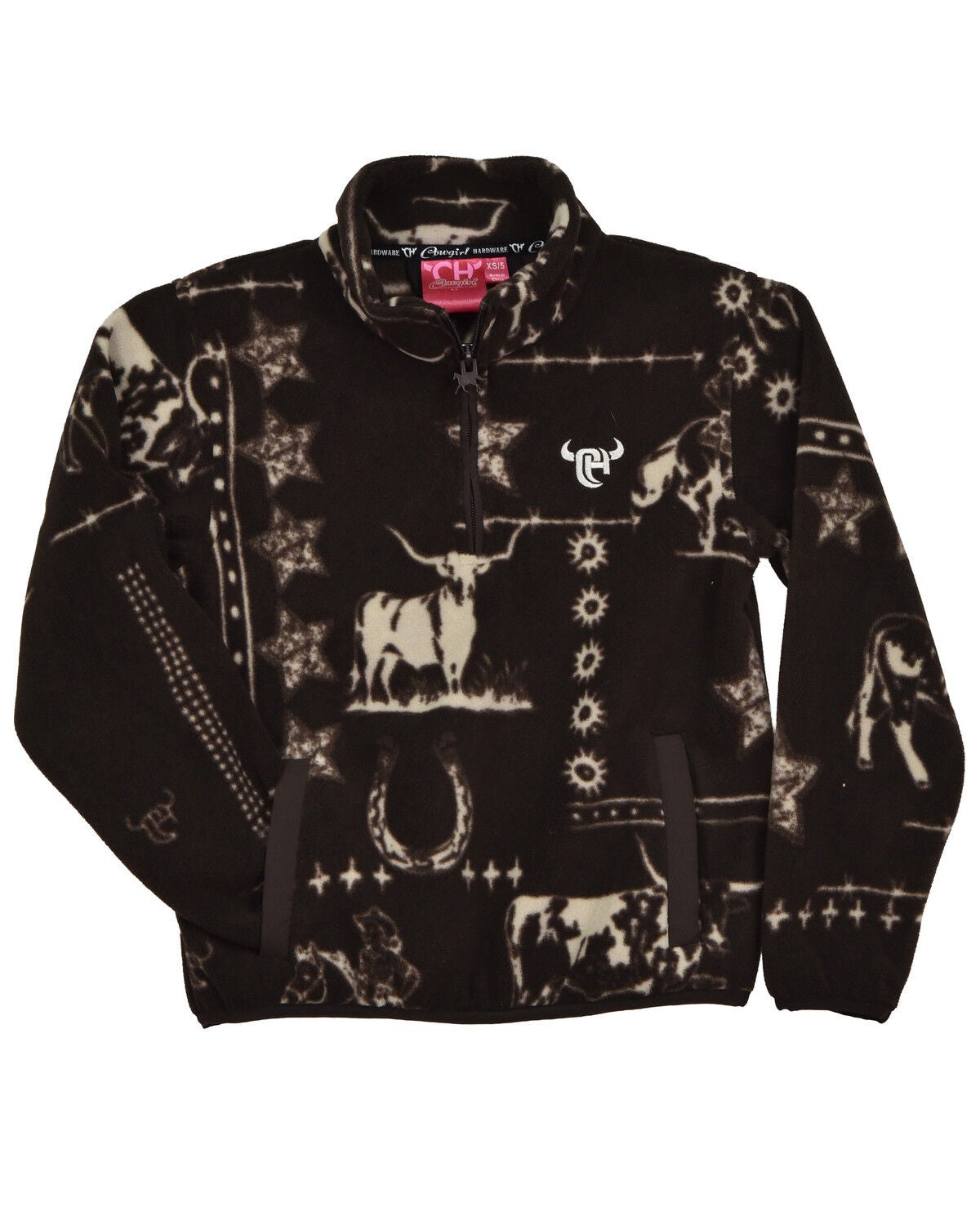 Image #1 - Cowgirl Hardware Girls' Western Icon Polar Fleece Pullover, Brown, hi-res