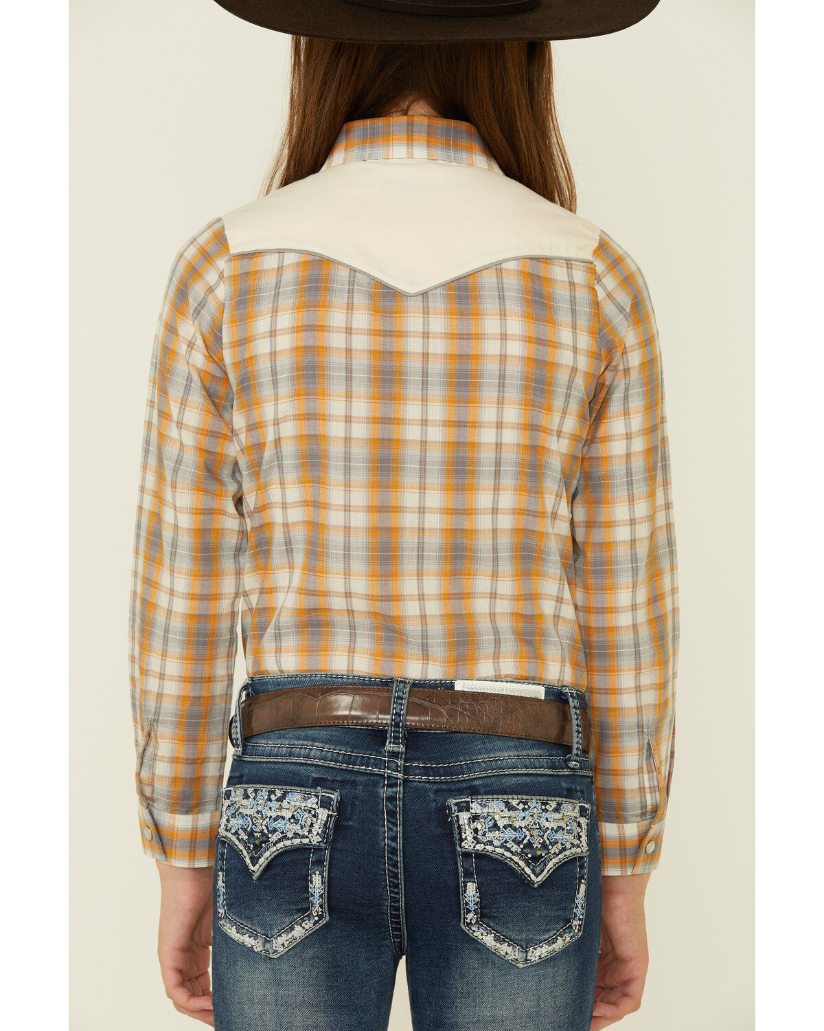Image #4 - Roper Girls' Plaid Print Fancy Applique Yoke Long Sleeve Pearl Snap Western Shirt, Mustard, hi-res