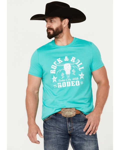 Image #1 - Rock & Roll Denim Men's Rodeo Skull Short Sleeve Graphic T-Shirt, Turquoise, hi-res