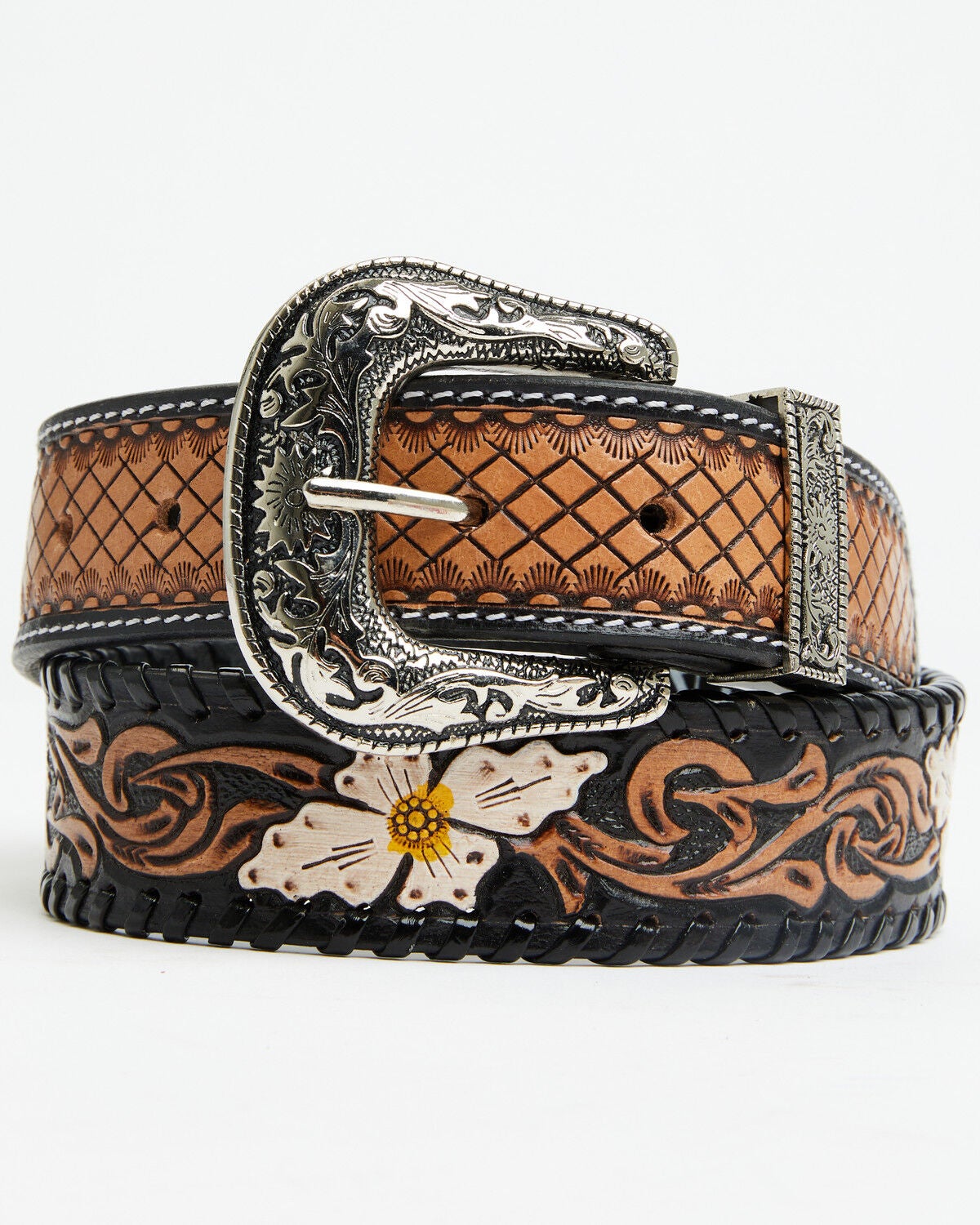 Myra Bag Women's Checkered Brown Hand Tooled Leather Belt, Brown, hi-res