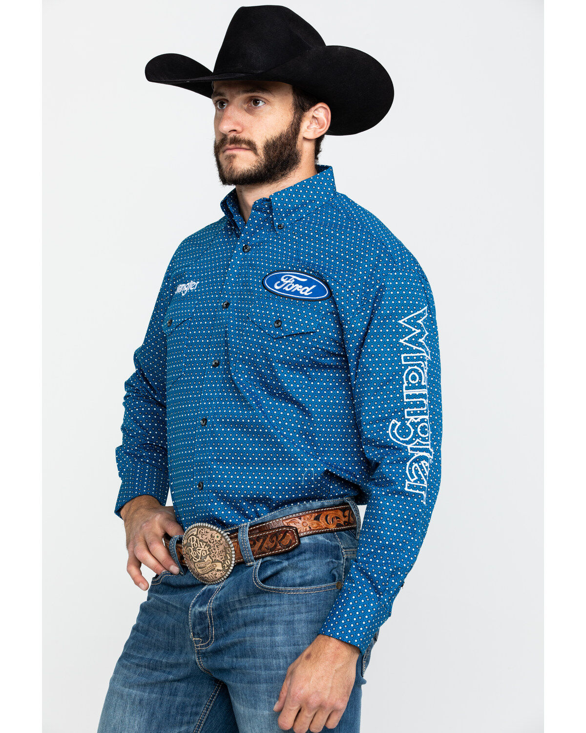 Image #3 - Wrangler Men's Royal Blue Ford Logo Print Long Sleeve Western Shirt , , hi-res