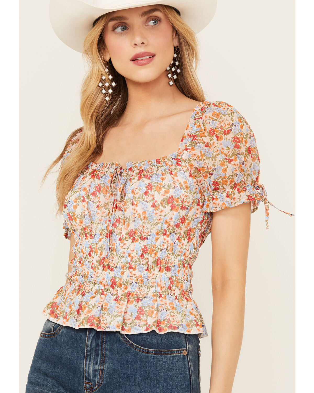 Image #2 - Ash & Violet Women's Short Sleeve Floral Smocked Crop Top, Multi, hi-res