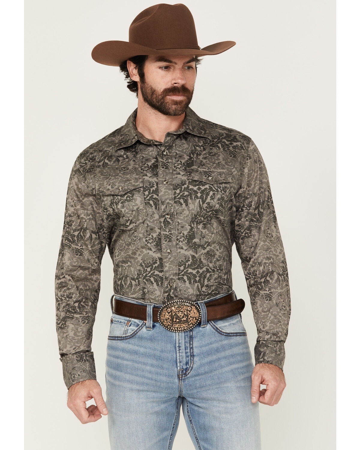 Wrangler Retro Men's Floral print Long Sleeve Snap Western Shirt, Grey, hi-res