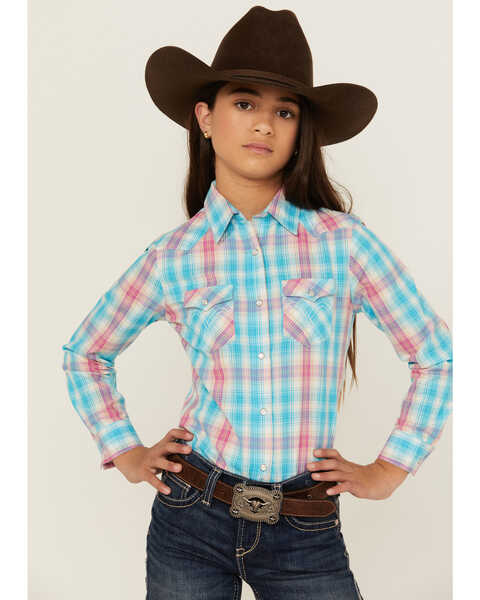 Panhandle Girls' Plaid Print Long Sleeve Snap Western Shirt, Light Blue, hi-res