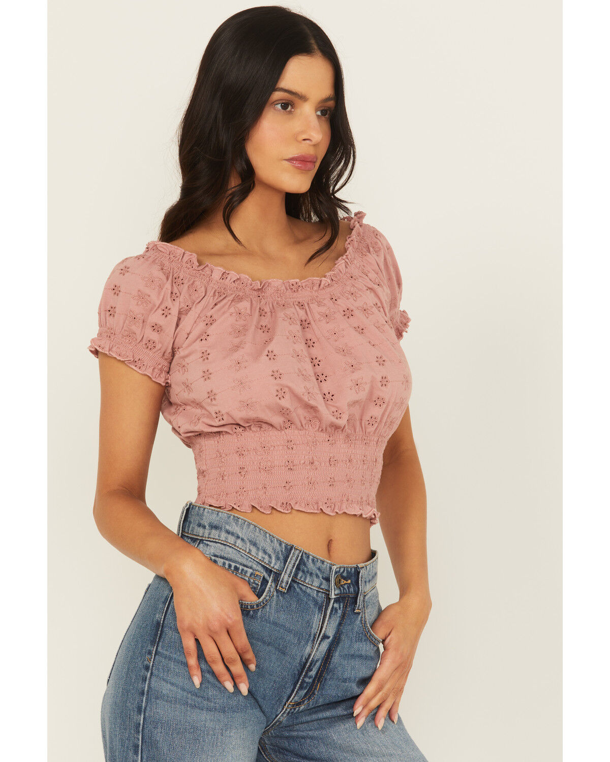 Image #2 - Cleo + Wolf Women's Eyelet Smocked Short Sleeve Crop Top, Rose, hi-res