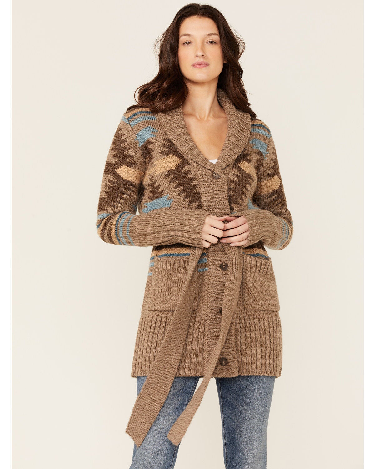 Stetson Women's Beige Chunky Knit Southwestern Print Cardigan Sweater