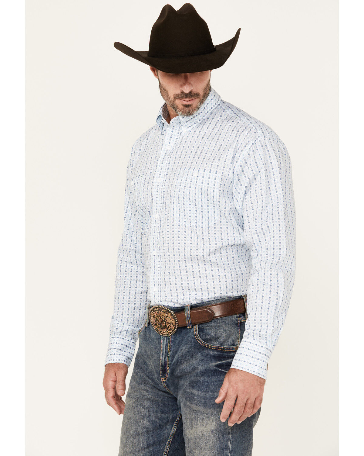 Image #3 - George Strait by Wrangler Men's Geo Print Long Sleeve Button-Down Stretch Western Shirt, White, hi-res