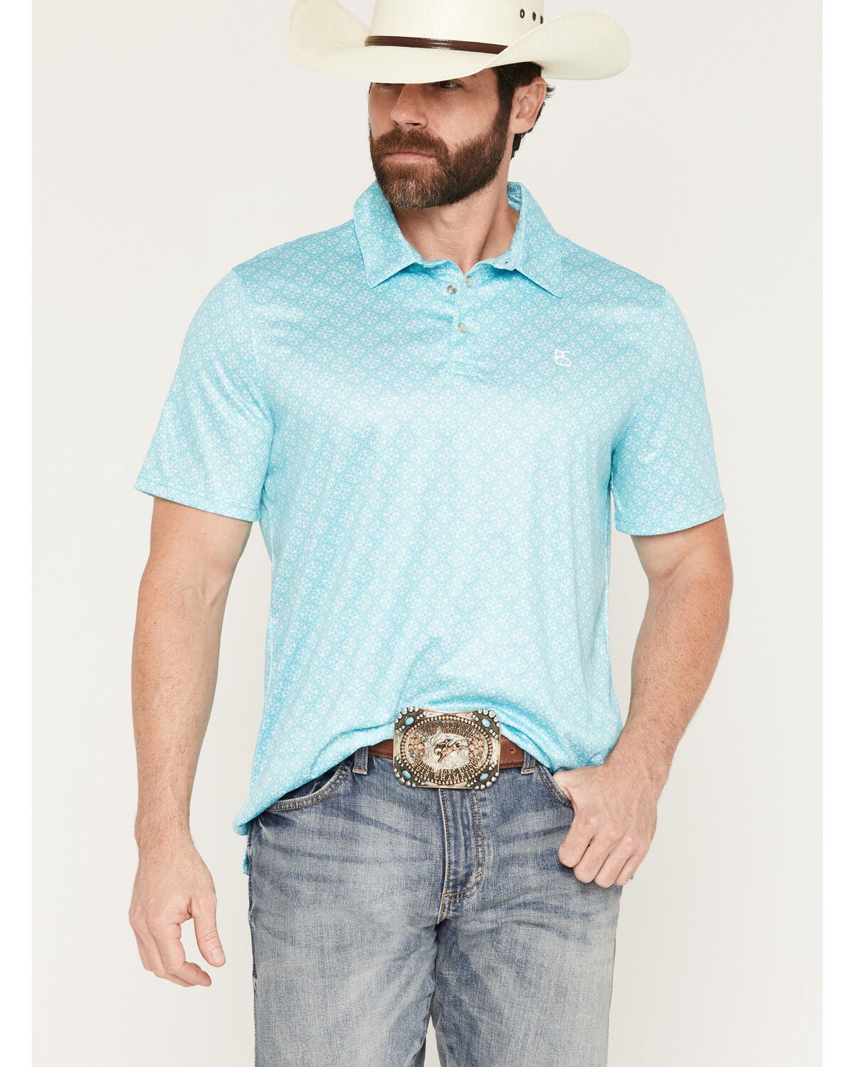 Panhandle Slim Men's Medallion Print Short Sleeve Pearl Snap Performance Polo, Turquoise, hi-res