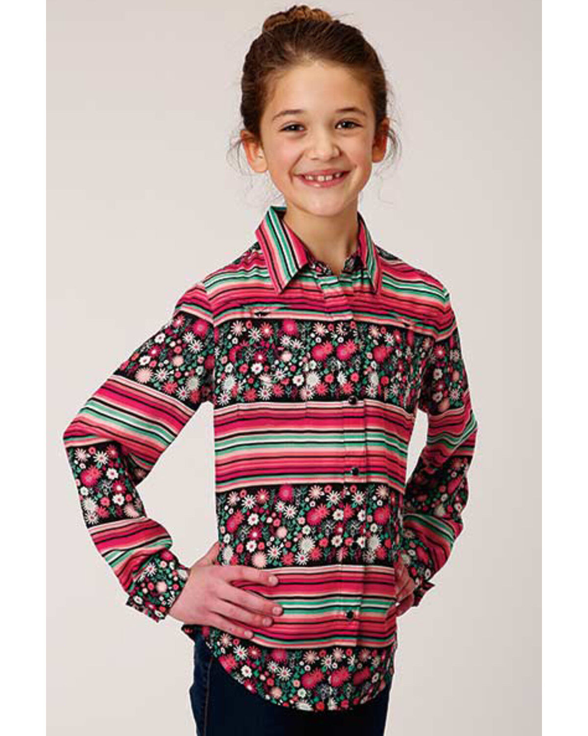 Image #1 - Roper Girls' Multi Floral and Stripe Long Sleeve Snap Western Shirt, Multi, hi-res