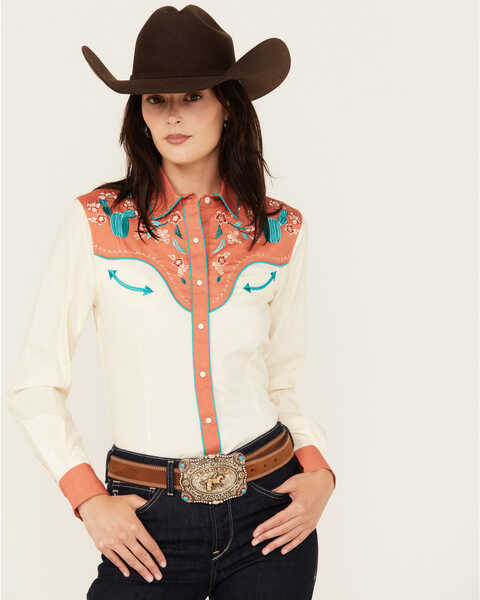 Panhandle Women's Retro Curved Yoke Long Snap Western Shirt , Cream, hi-res