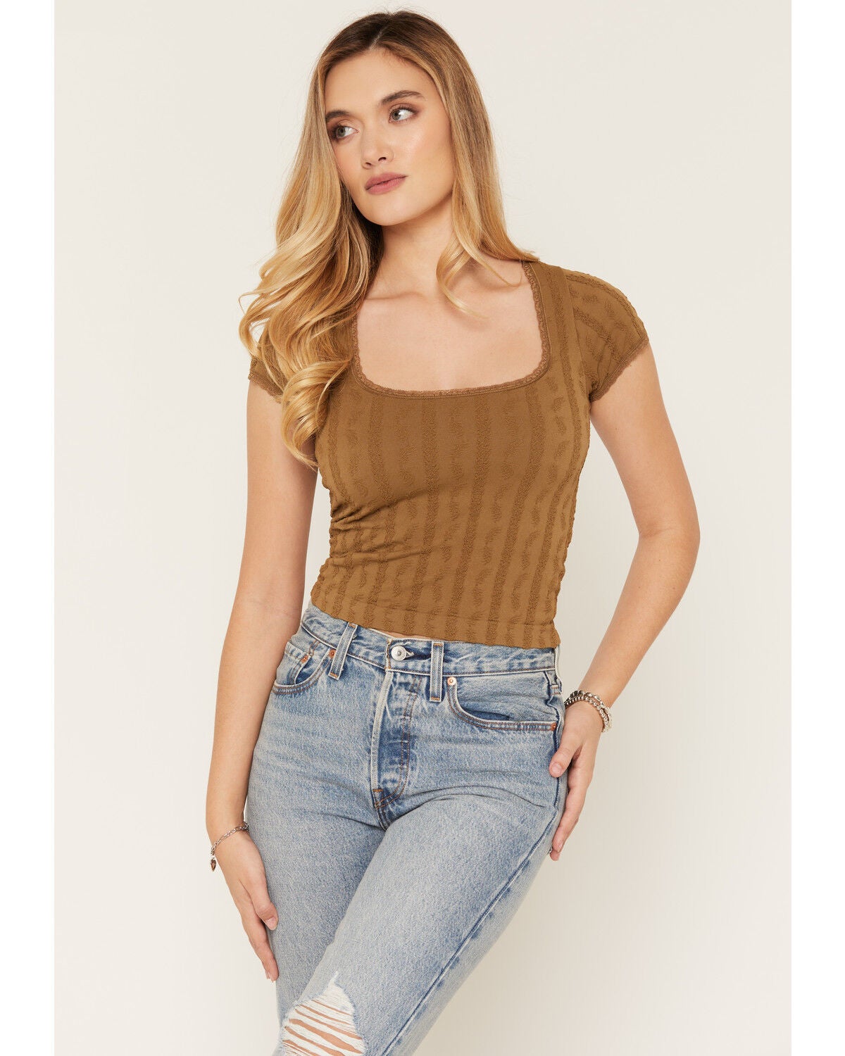Image #1 - Fornia Women's Lace Trim Printed Short Sleeve Cropped Top, Brown, hi-res