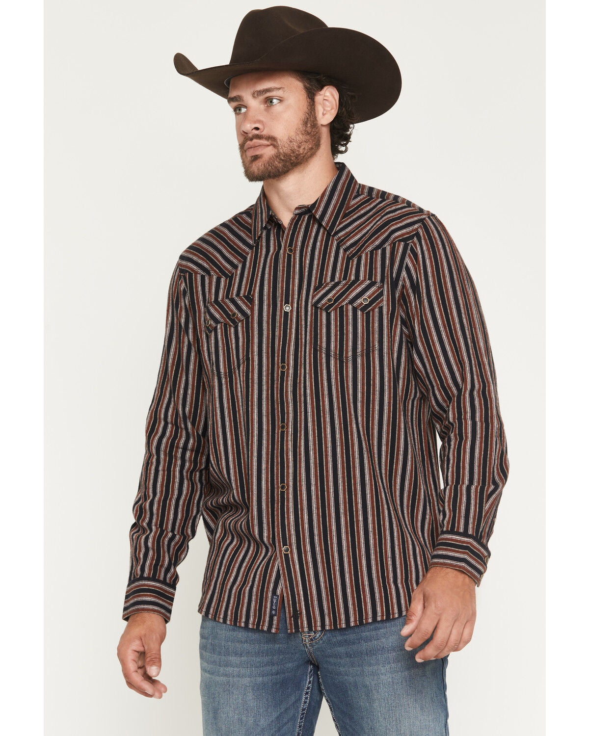 Moonshine Spirit&reg; Men's Timberwolf Striped Long Sleeve Snap Flannel Shirt, Black, hi-res