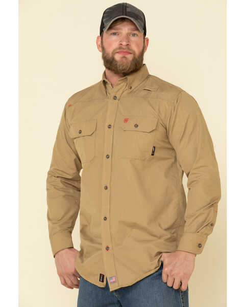 Ariat Men's Khaki FR Solid Featherlight Long Sleeve Work Shirt , Beige/khaki, hi-res