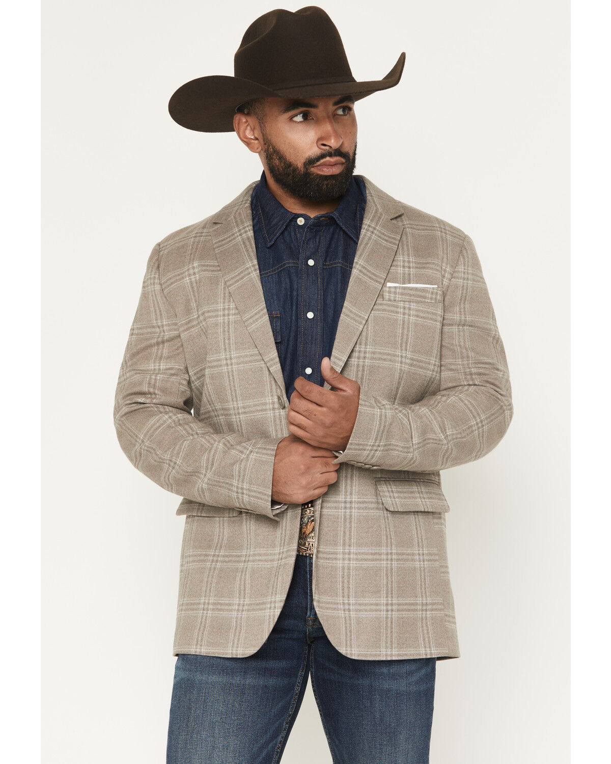 Image #1 - Rock & Roll Denim Men's Plaid Print Modern Fit Button-Down Sportcoat, Taupe, hi-res