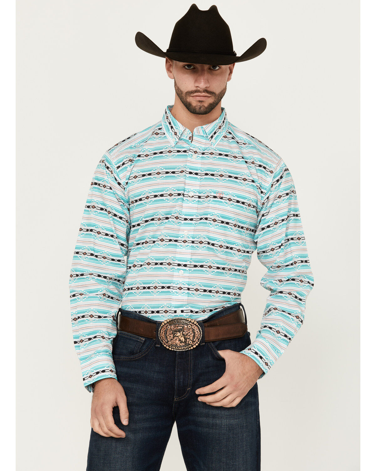 Image #1 - Ariat Men's Jefferson Southwestern Striped Long Sleeve Button-Down Western Shirt, Turquoise, hi-res