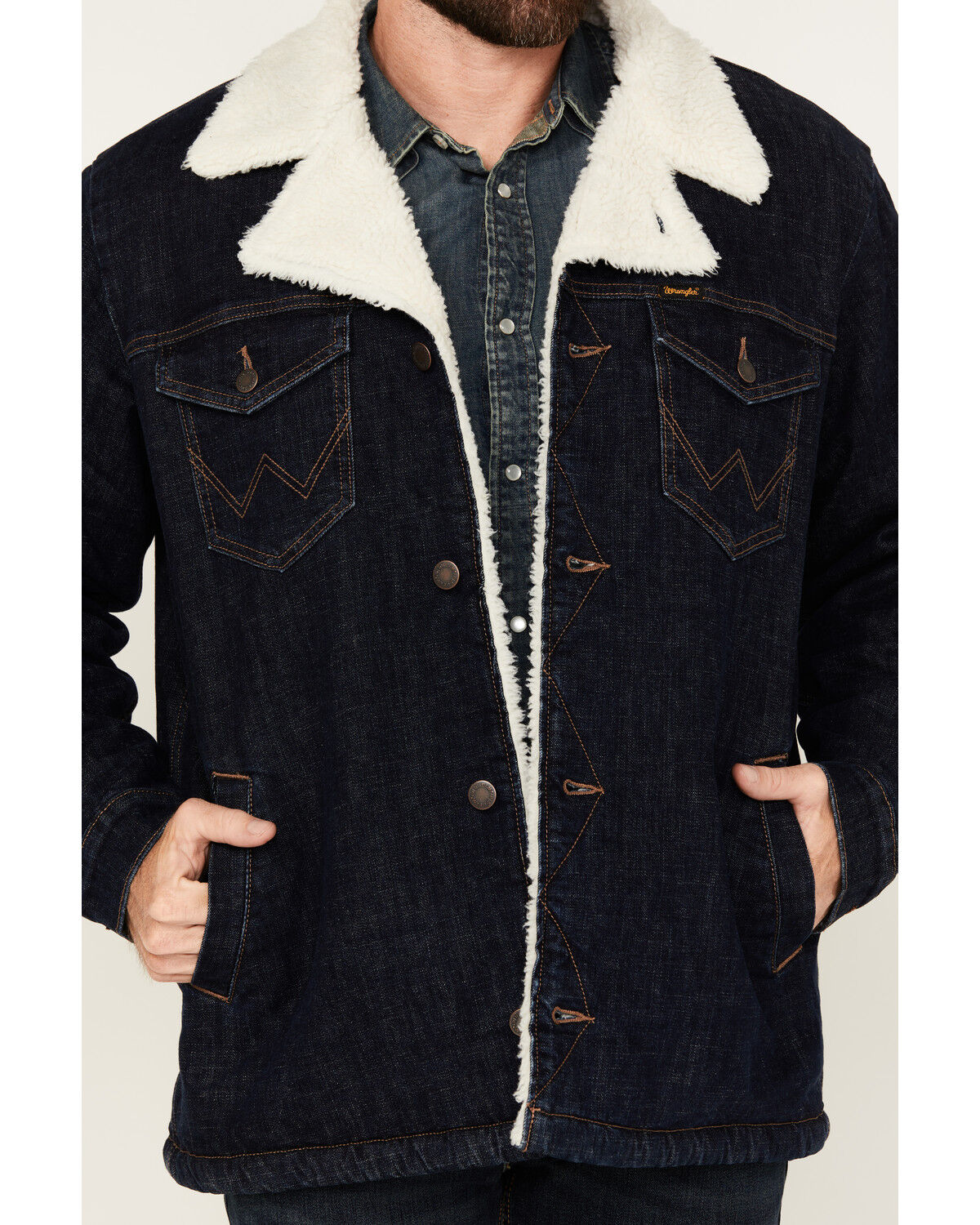 Image #3 - Wrangler Men's Archive Long Sherpa Lined Button-Down Denim Jacket, Dark Wash, hi-res