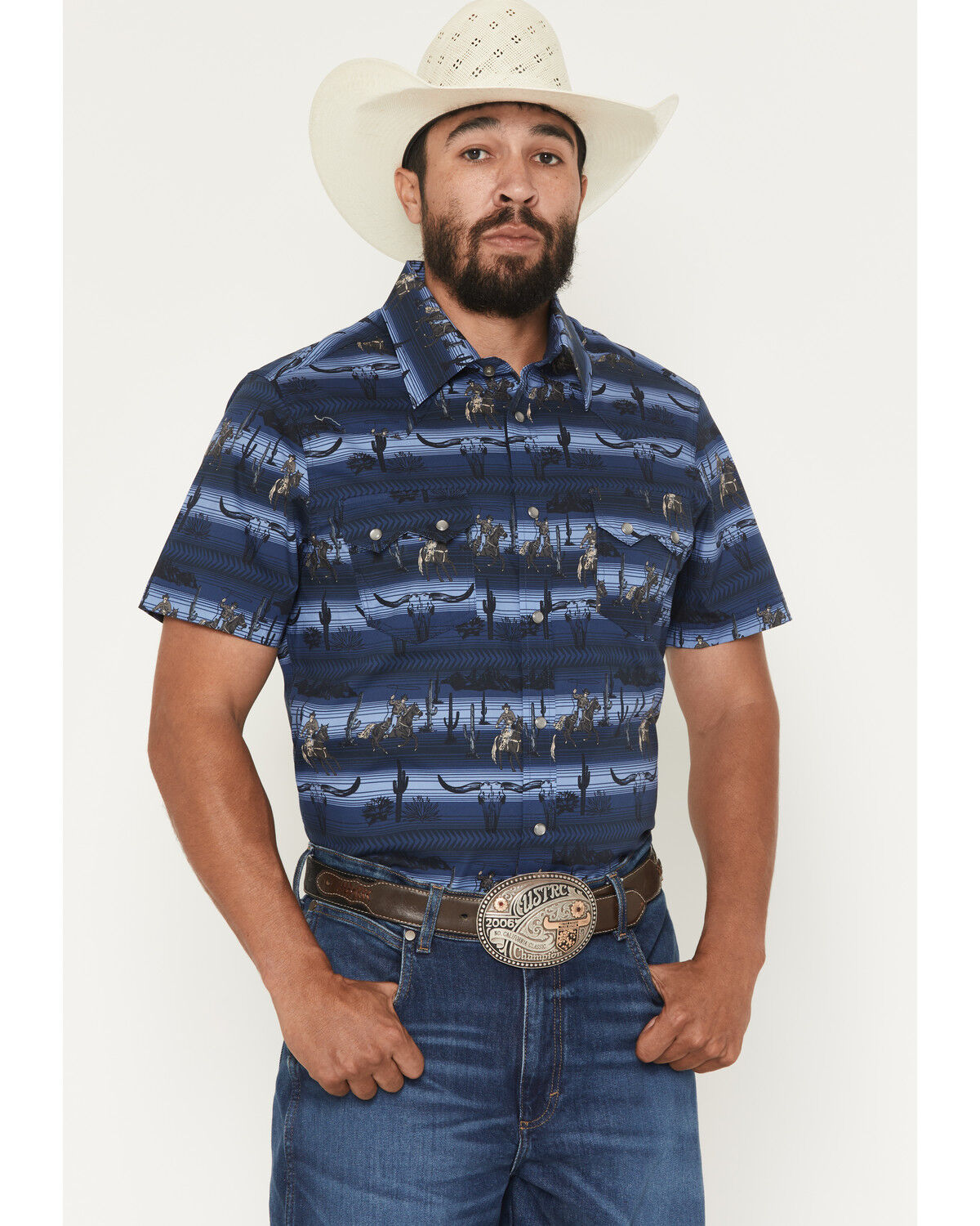 Image #1 - Rock & Roll Denim Men's Serape Striped Steerhead Short Sleeve Snap Stretch Western Shirt, Navy, hi-res