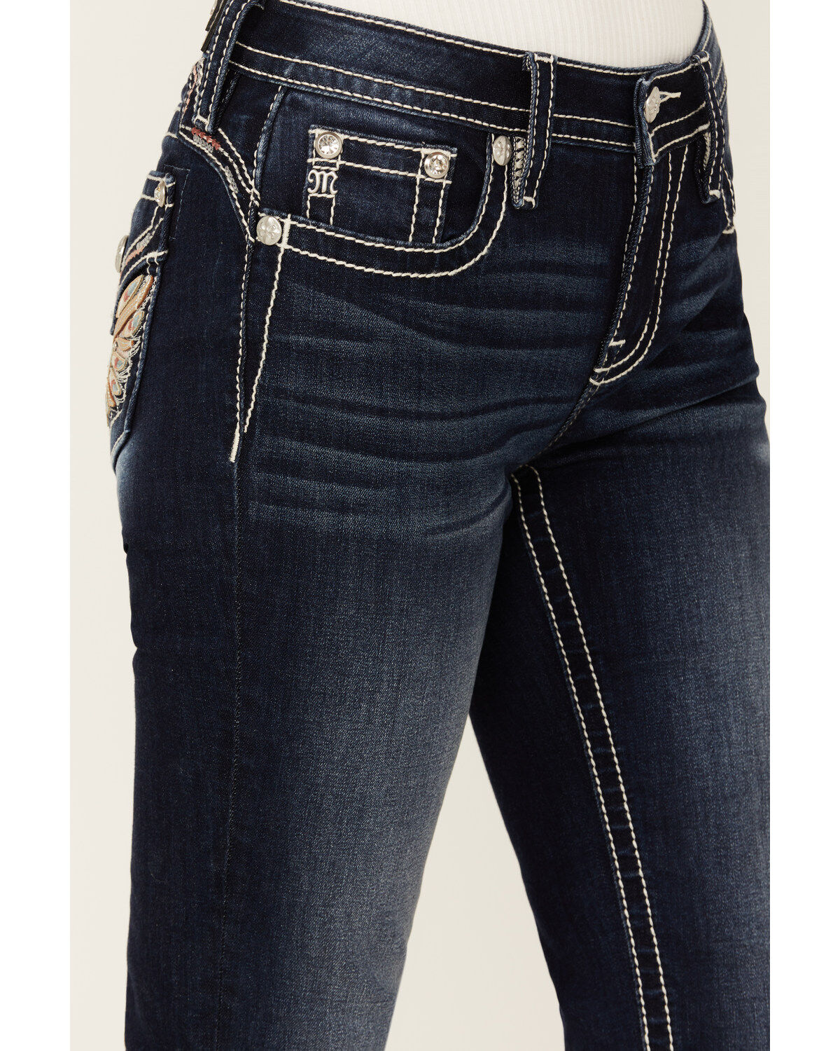 Image #4 - Miss Me Women's Dark Wash Wing Pocket 34" Bootcut Stretch Denim Jeans, , hi-res