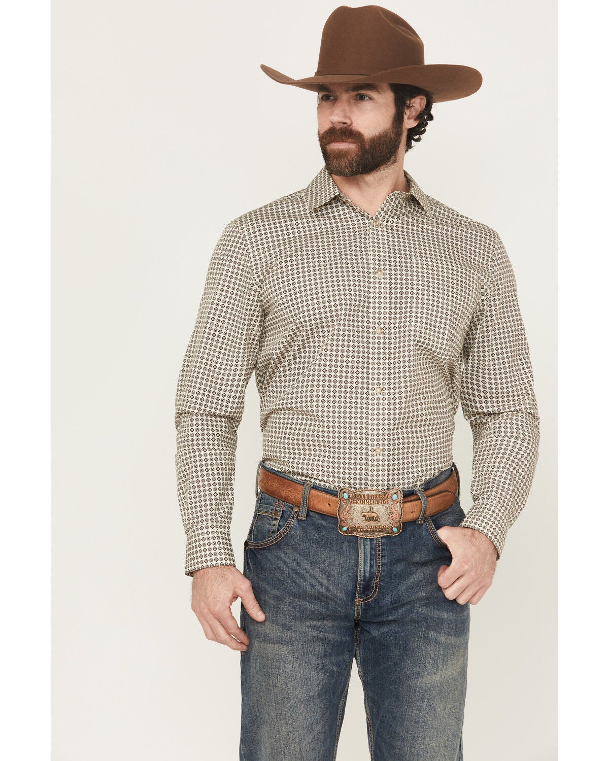 Gibson Trading Co Men's Bullseye Geo Print Long Sleeve Button-Down Western Shirt - Tall, Ivory, hi-res
