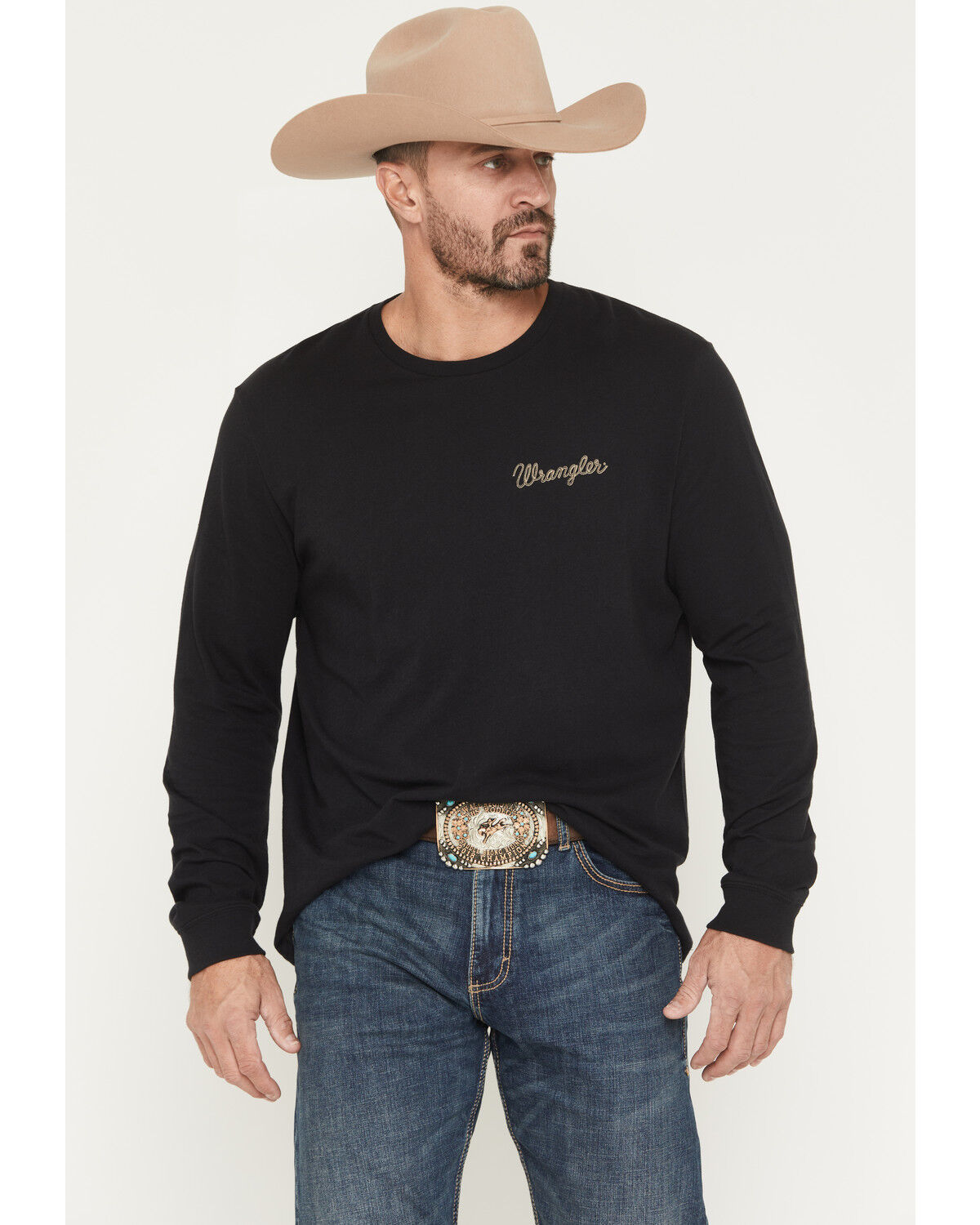 Image #2 - Wrangler Men's Boot Barn Exclusive Horseshoe Cowboy Long Sleeve Graphic T-Shirt, Black, hi-res